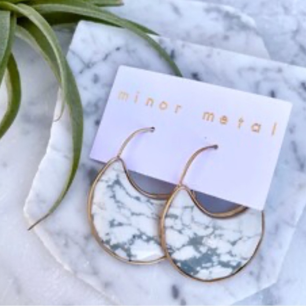 White Howlite Round Hoop Marble and gold Earrings Hoops by Minor Metal. - Picture 4 of 8